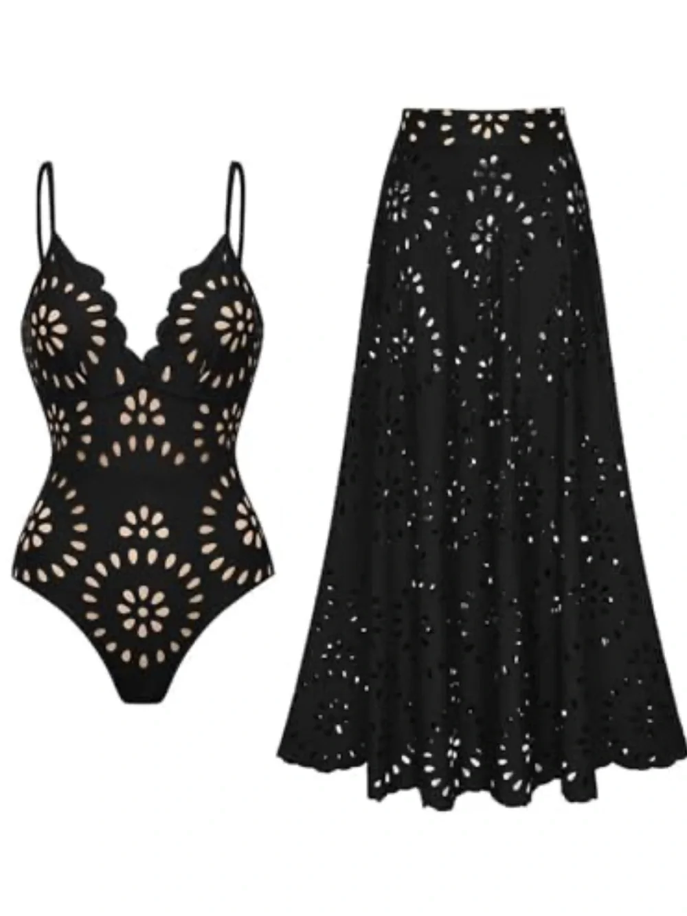 Women's One-Piece Swimsuit with Hollow Petal V-Neck and Skirt L new